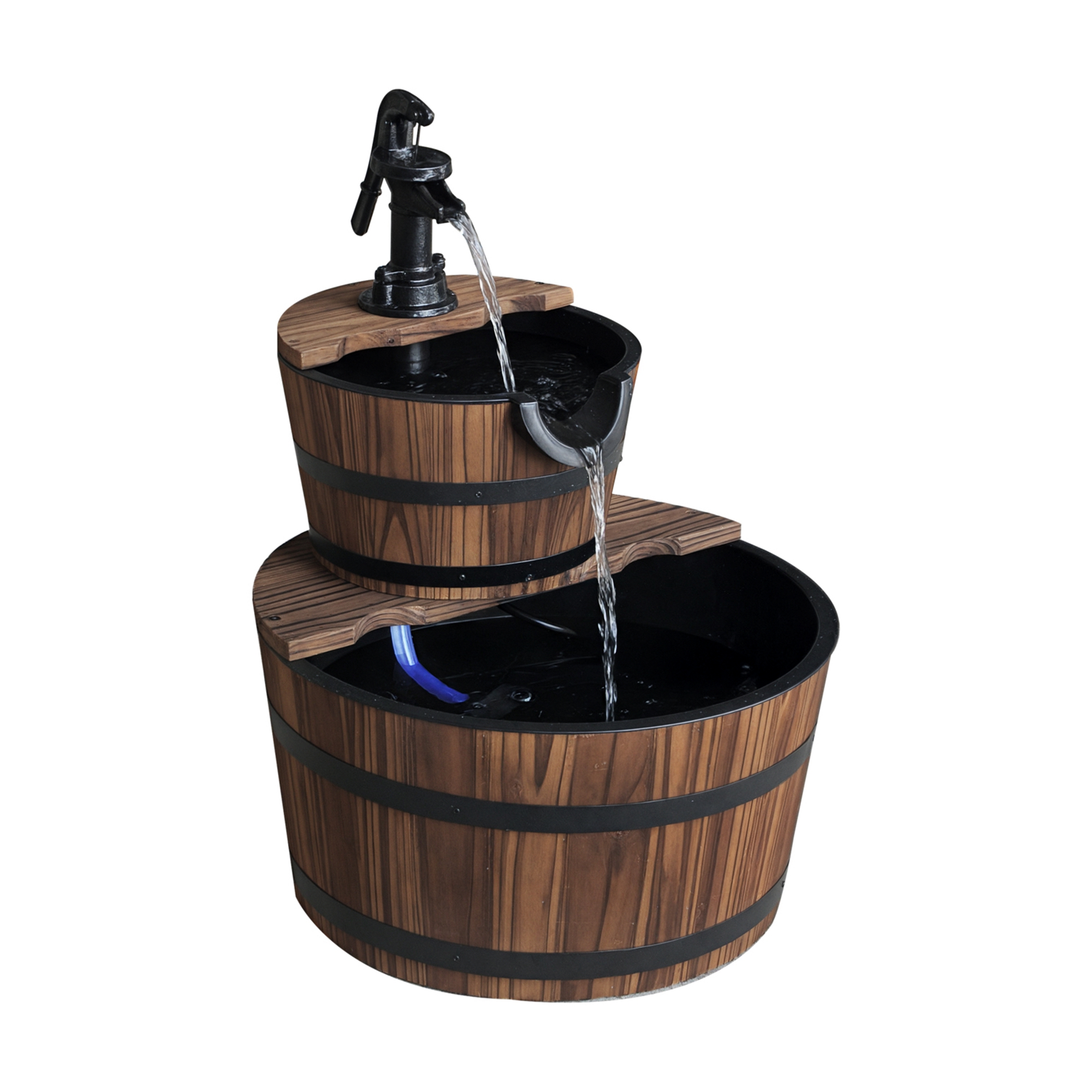 Wood Freestanding Fountain with 2 Tier Waterfall Barrel, Electric Pump for Garden Decor, Lawn, Backyard