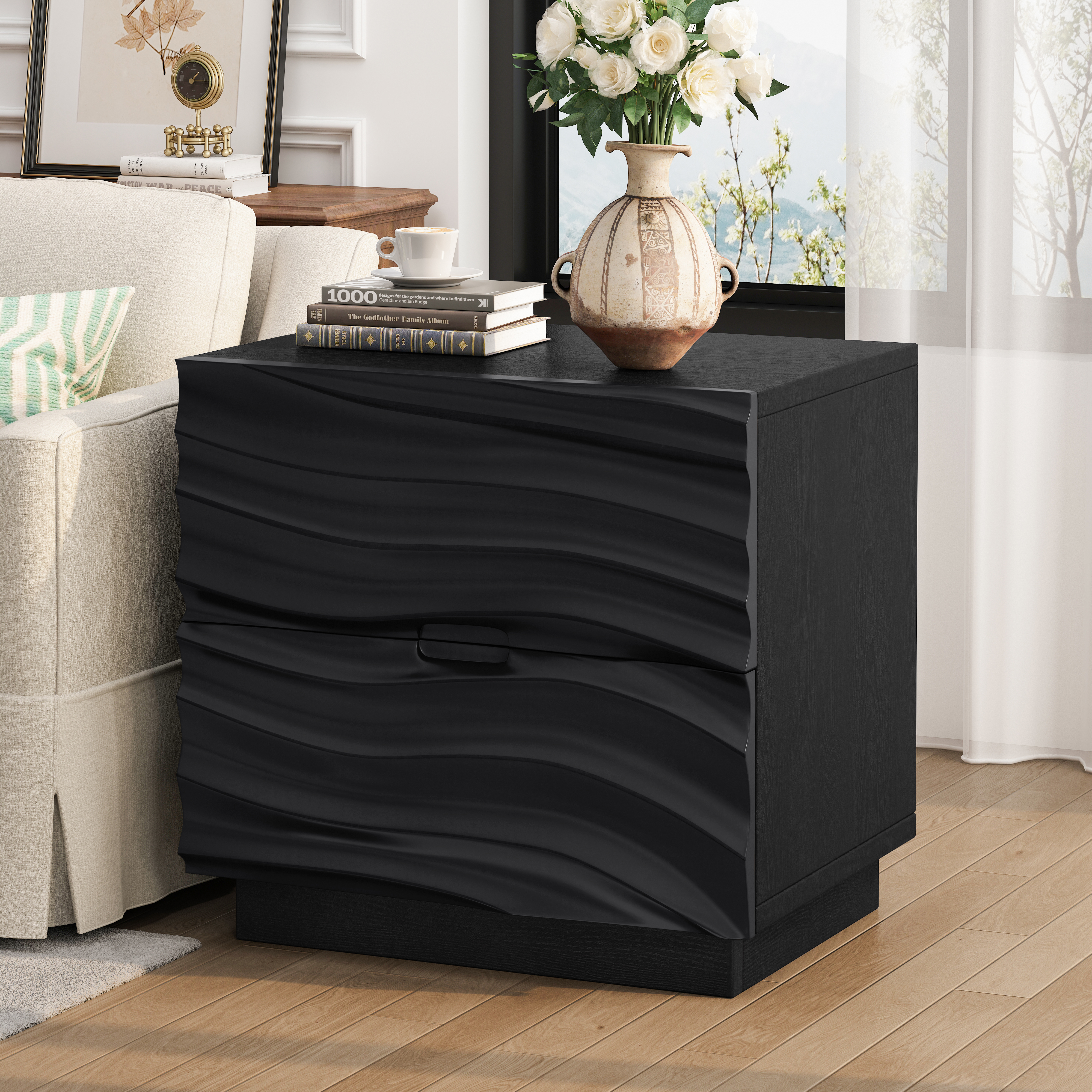 Solid Wood Nightstands, Bedside Table with 2 Drawers, No Handles, Sofa End Table for Living Room, Bedrooms,Black