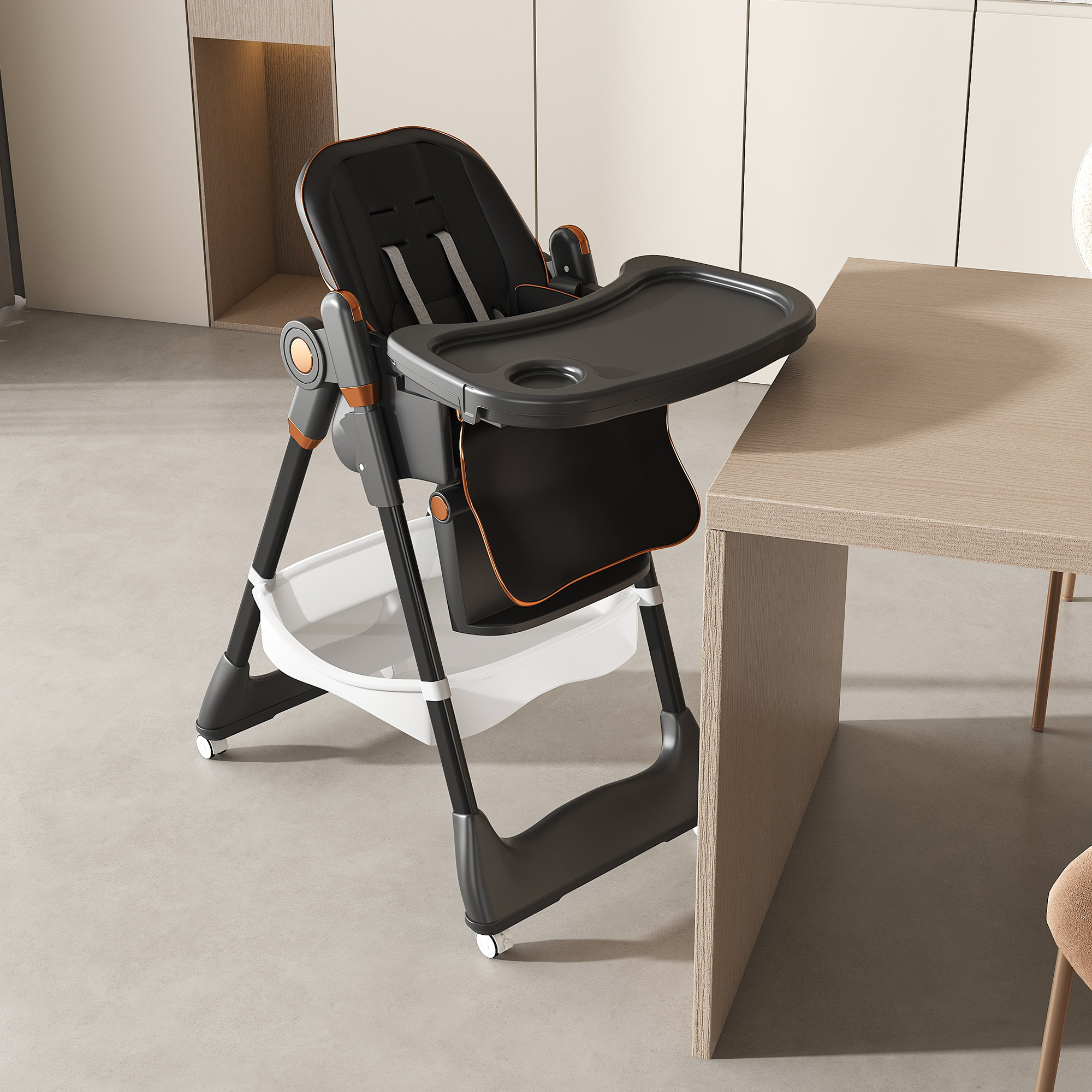 Adjustable Baby High Chair 0-6 Years – Portable Infant Feeding Seat with Safety Belt, Silent Lockable Wheels & Easy-Clean Design for Home, Dining, Living Room, Bedroom (Black)