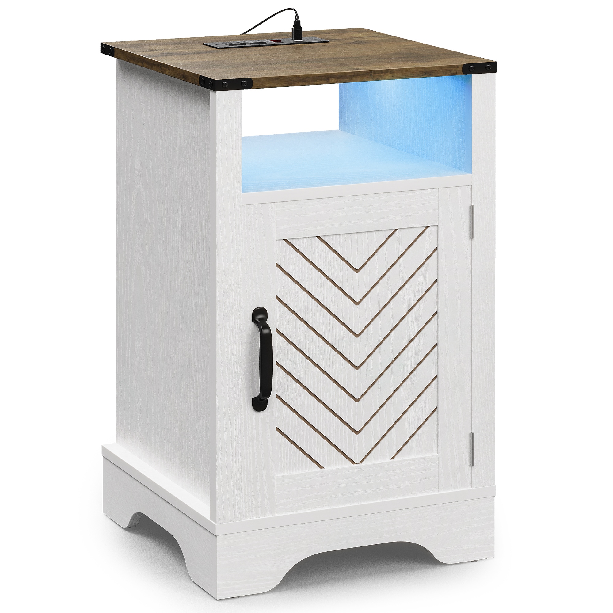 LED Nightstand with Charging Station, Farmhouse Wooden Side Table, Bedside Table with Storage Cabinet and Shelf, Rustic End Table for Bedroom, Living Room, White and Rustic Oak