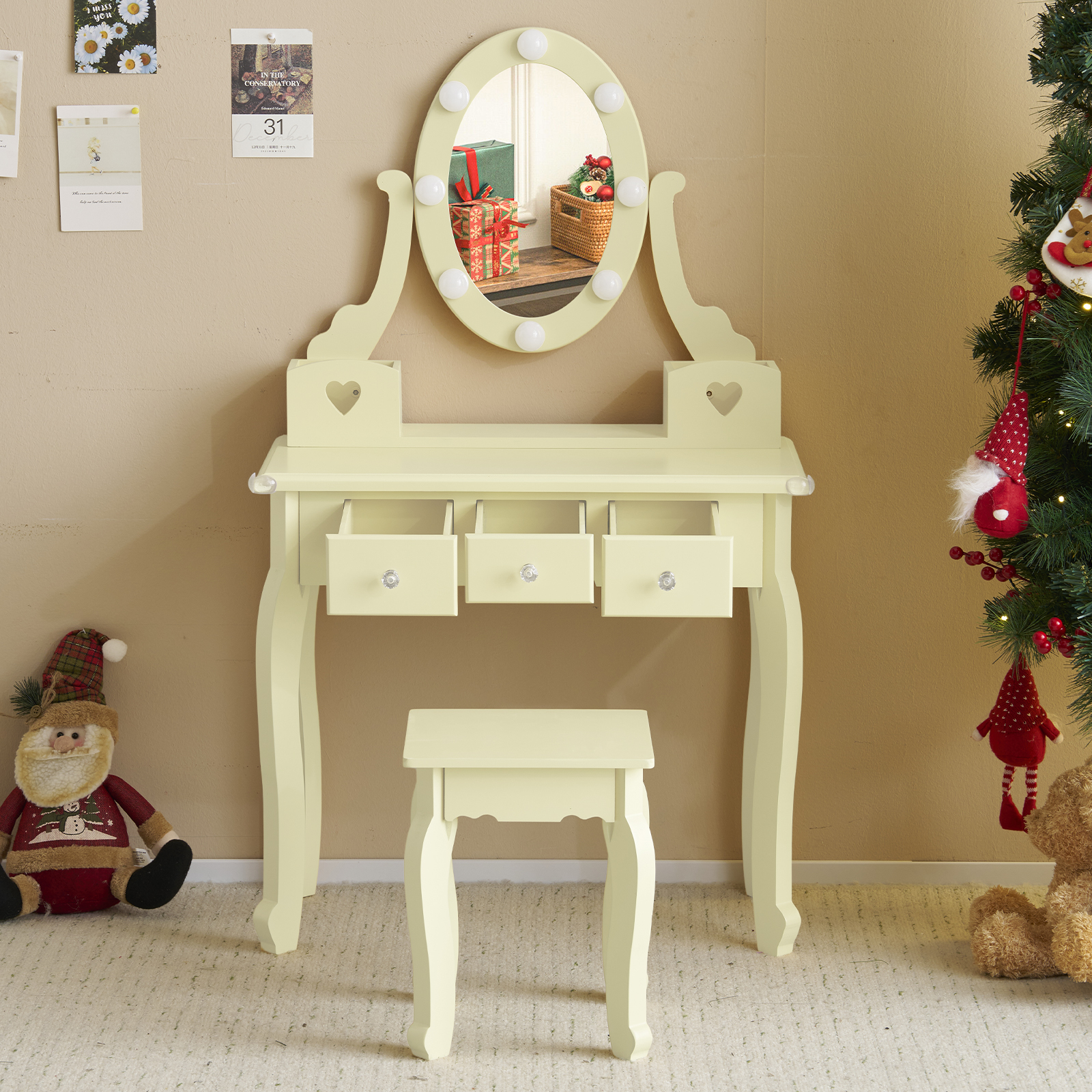 Kids Vanity Set with Mirror and Lights and Stool, 5 Storage Drawers, Pretend Play Princess Makeup Desk Dressing Table and Stool Set for Little Girls Age 3+, Macaroon Yellow