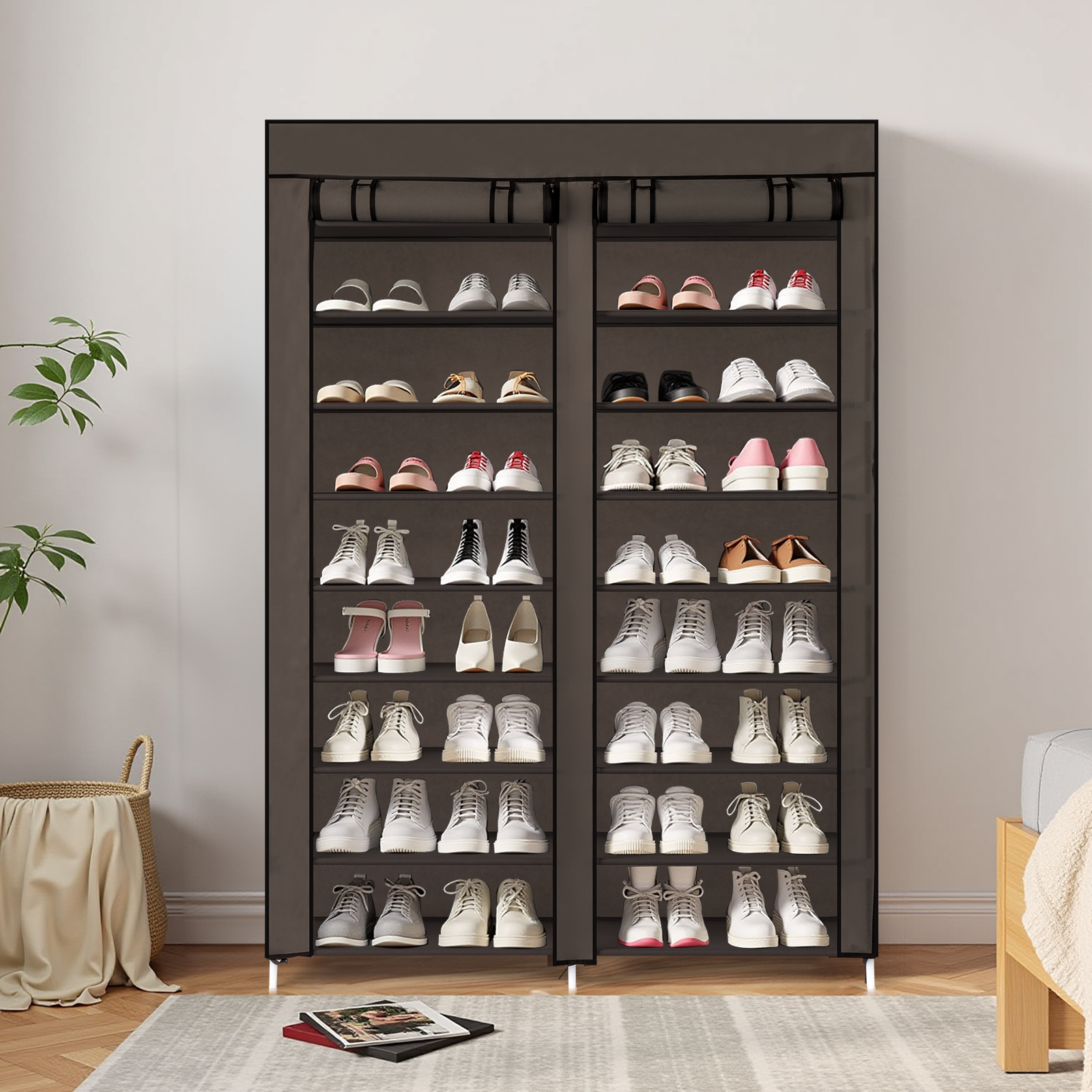 Double Row 10-Tier Non-Woven Fabric Shoe Cabinet with Iron Pipes and Plastic Components, Brown